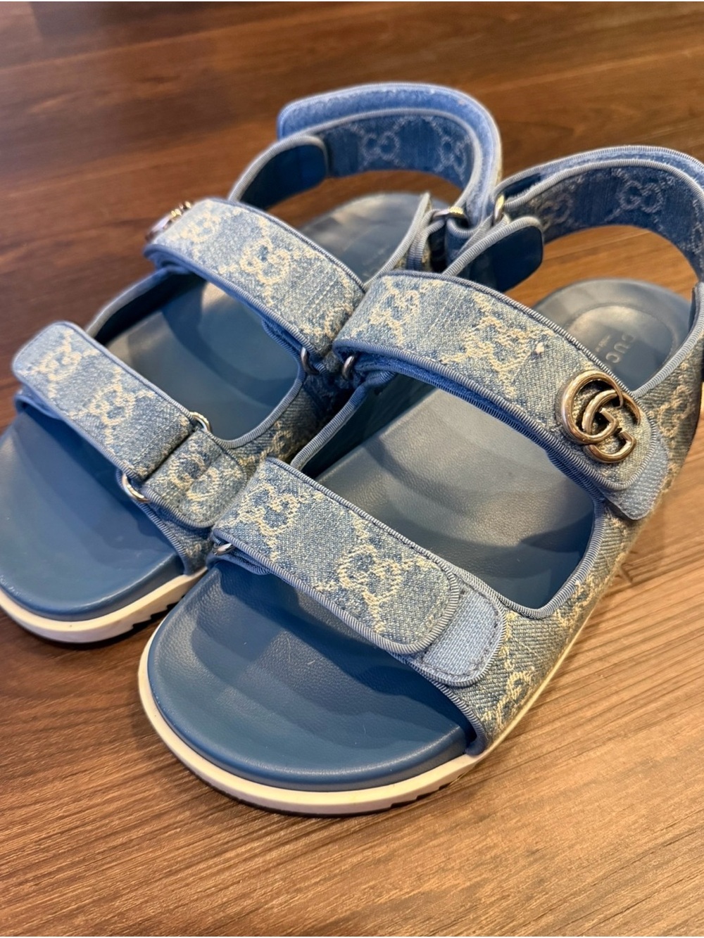 Gucci Light Blue Denim GG Velcro Sandals